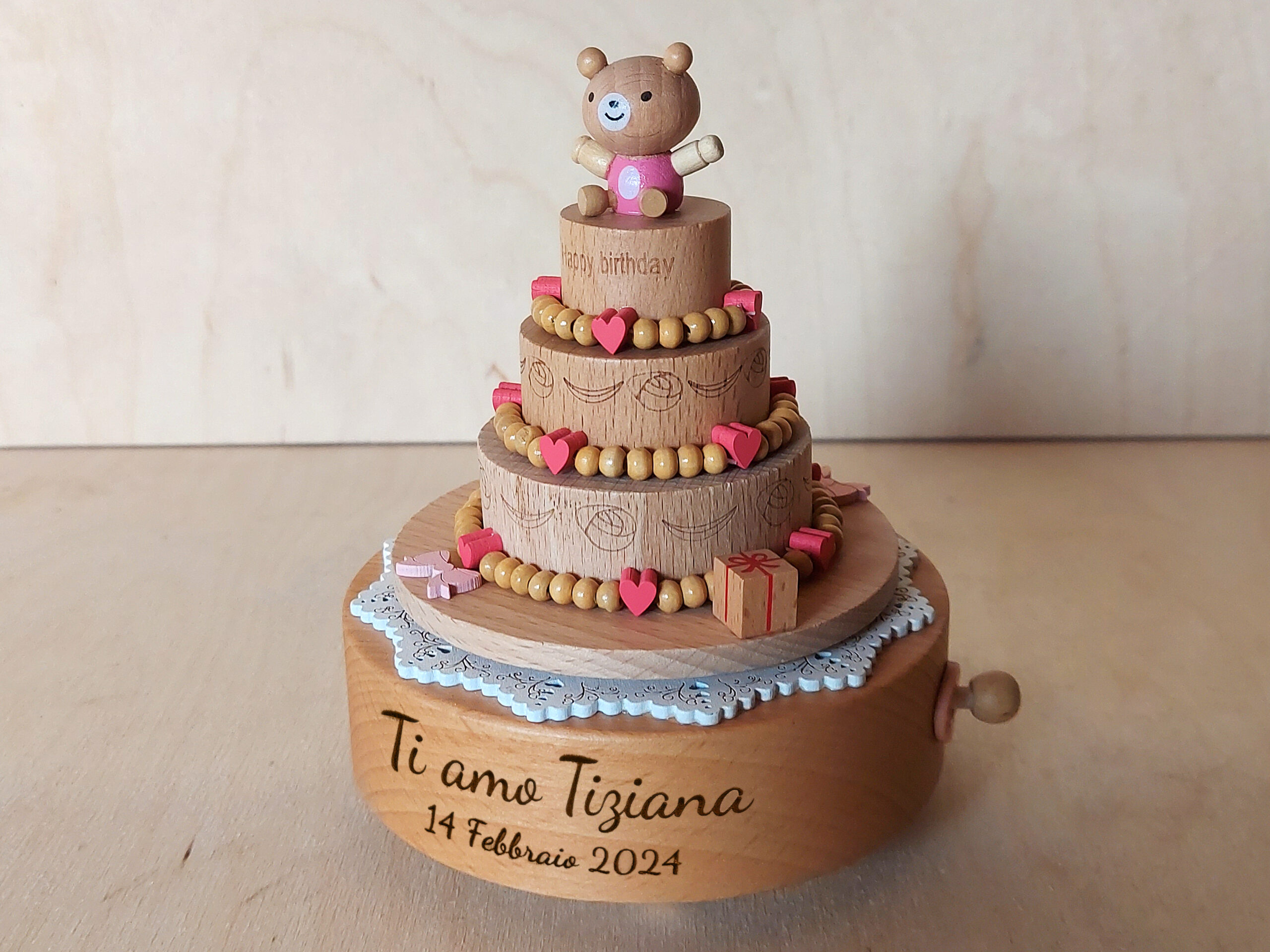 Caja de música de madera personalizada para pastel de cumpleaños